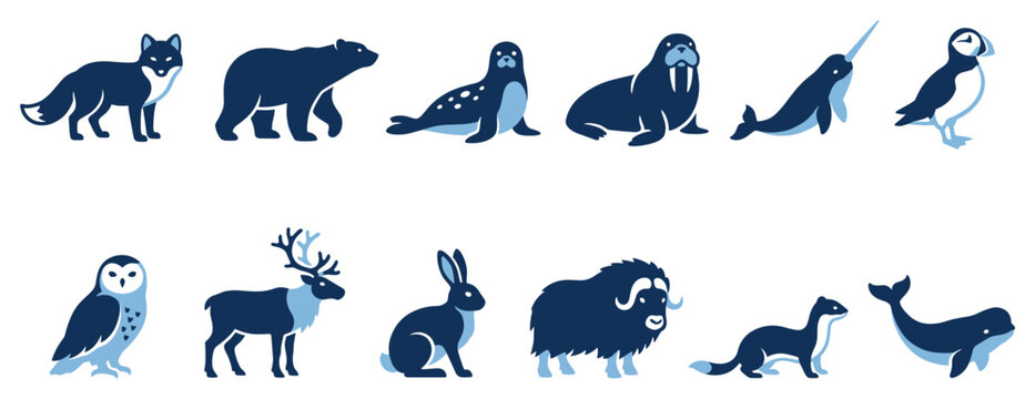 Arctic animals icons set. Wildlife and nature concept. Includes arctic fox, polar bear, seal, walrus, narwhal, puffin, owl, reindeer, hare, musk ox, weasel, whale. Flat and line style