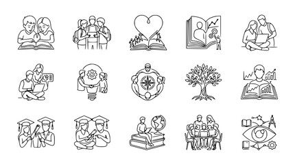 Fototapeta premium Education and Learning Icons: People Reading, Studying, Collaborating, and Growing Knowledge
