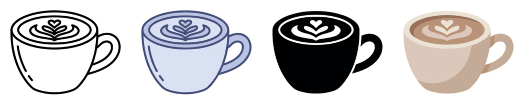 Coffee cup icons set. Cafe and beverage concept. Includes coffee cup with latte art, outline, colored, solid, and flat styles. Flat and line style