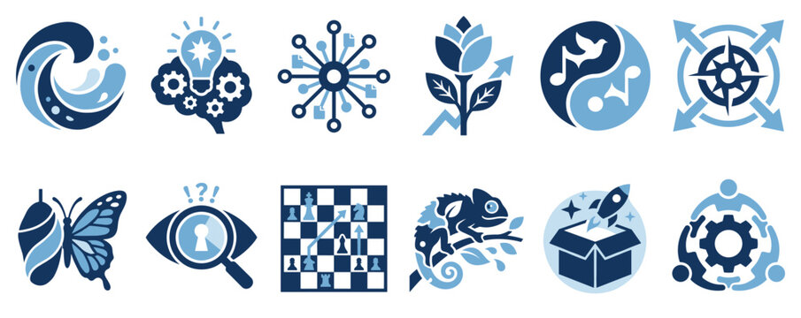 Abstract concept icons set. Business, nature, and creative ideas concept. Includes wave, brain, network, flower, yin-yang, compass, butterfly, eye, chessboard, chameleon, box, gear. Solid