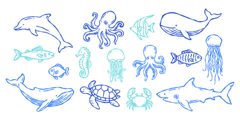 Ocean animal sketches include dolphin octopus fish seahorse jellyfish whale turtle crab and shark in blue and teal line art handdrawn doodle © narak0rn