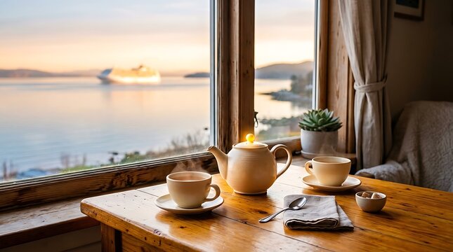 Cozy tea setup on wooden table by window with ocean view at sunset