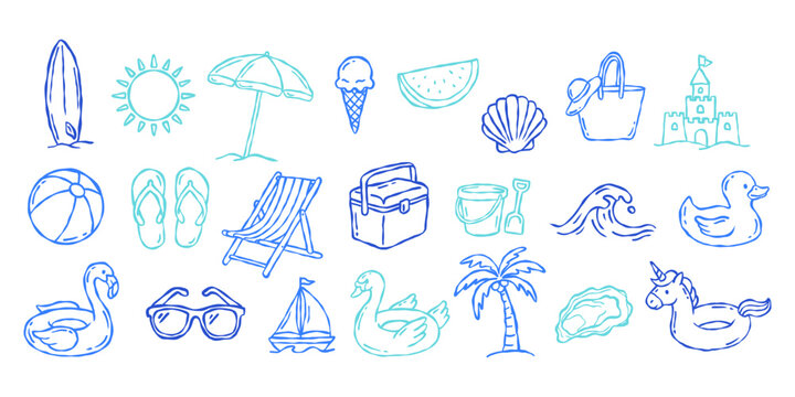Summer handdrawn doodle surfboard sun umbrella ice cream watermelon shell bag sandcastle beach ball flip flops chair cooler bucket wave duck flamingo
