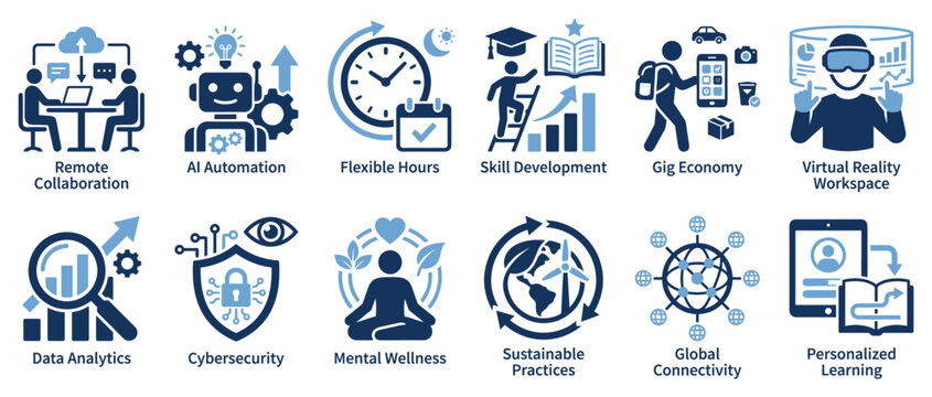 Modern workplace icons set. Future of work and business concepts. Includes remote collaboration, AI automation, flexible hours, skill development, gig economy, virtual reality, data