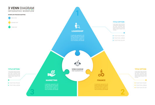 3 Step Triangle Venn Jigsaw puzzle Diagram Infographic Template Background with Business Workflow Process. Vector Illustration.