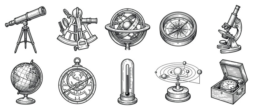 Scientific instruments icons set. Exploration and discovery concept. Includes telescope, sextant, armillary sphere, compass, microscope, globe, astrolabe, thermometer, orrery, chronometer