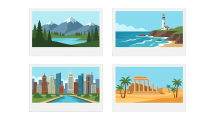 Obraz premium Four flat travel postcards showing diverse global landscapes
