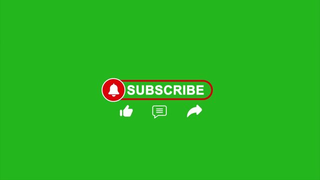Animated Subscribe Button with Like Comment and Share Icons on Green Screen Background.