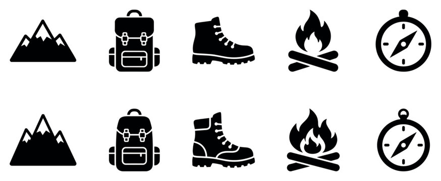 Hiking and camping icons set. Outdoor adventure and exploration concept. Includes mountain, backpack, hiking boot, campfire, compass. Solid black silhouette style