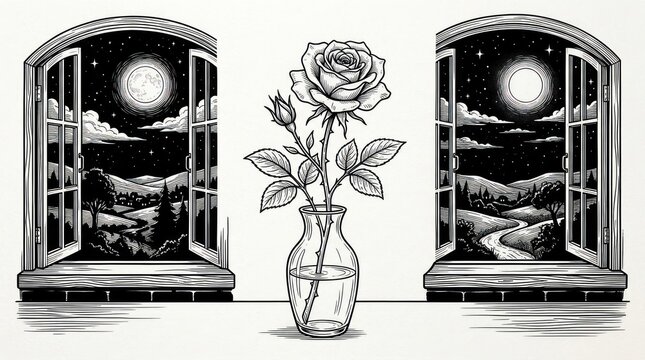 Monochrome rose in vase against arched windows with moonlit landscape