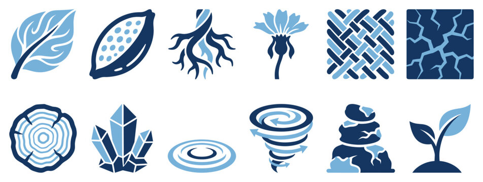 Nature and environment icons set. Natural elements and ecological concepts. Includes leaf, seed, roots, flower, woven pattern, cracked earth, tree ring, crystals, water ripples, tornado,