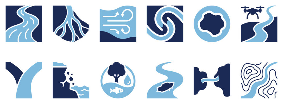 River and water icons set. Hydrology and natural environment concept. Includes river, roots, current, whirlpool, lake, drone, confluence, erosion, ecosystem, boat, bridge, topography. Flat