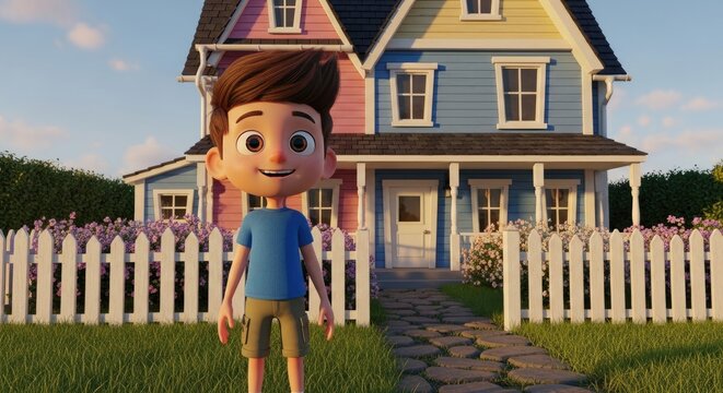 Animated Boy Standing in Front of a Colorful Cartoon House on a Sunny Day.