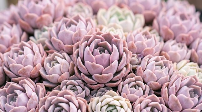 A cluster of pink and white succulents with thick fleshy leaves