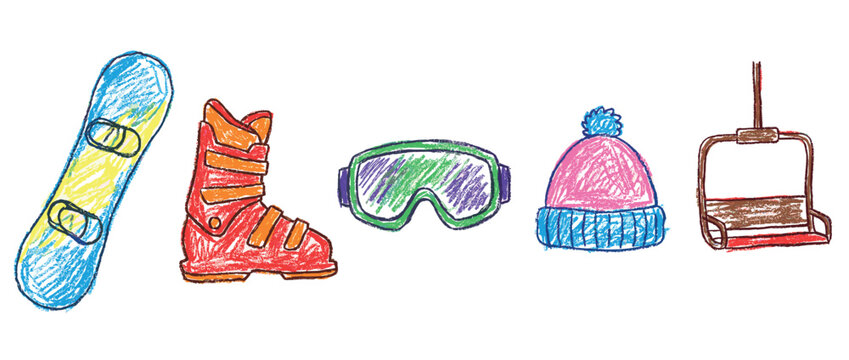 Winter sports icons set. Skiing and snowboarding equipment concept. Includes snowboard, ski boot, goggles, winter hat, chairlift. Hand-drawn crayon style