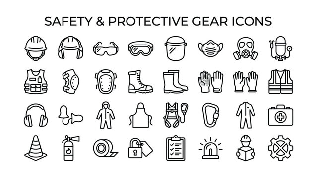 Comprehensive collection of essential safety and protective gear line icons representing industrial workplace equipment and security measures for various occupations