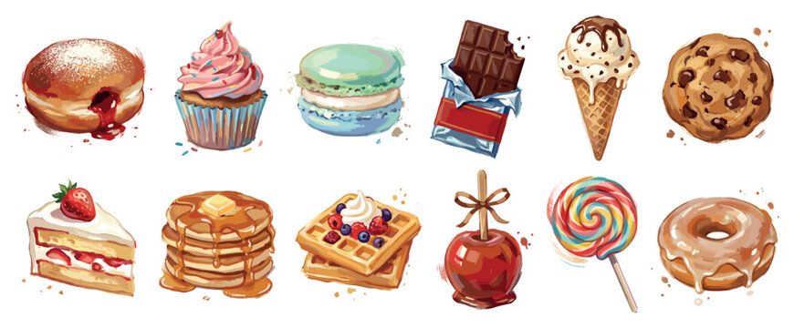 Sweet food icons set. Delicious desserts and sugary treats concept. Includes donut, cupcake, macaron, chocolate bar, ice cream, cookie, cake, pancakes, waffle, candy apple, lollipop