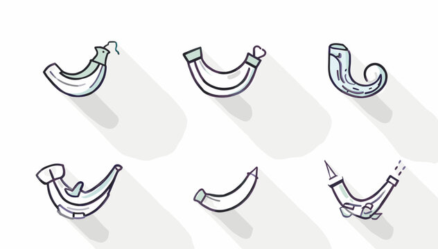Six stylized illustrations of cornucopias or horns of plenty with long shadows on a white background, depicting various designs.