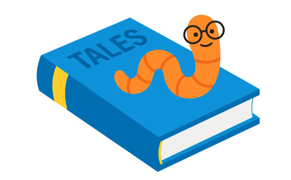 Cute cartoon bookworm wearing glasses sitting on a blue book titled tales, vector illustration of a smart worm reading a storybook, education concept