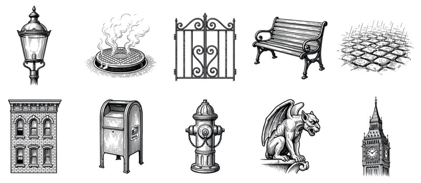 City elements icons set. Urban infrastructure and architecture concept. Includes street lamp, manhole, ornate gate, park bench, cobblestone, building facade, mailbox, fire hydrant, gargoyle,