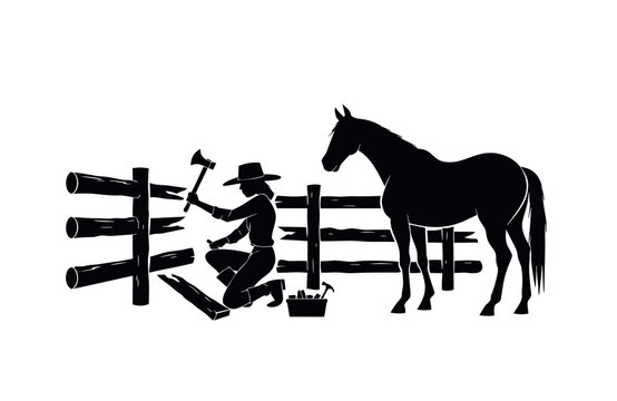 Cowgirl Repairing Split Rail Fence Silhouette