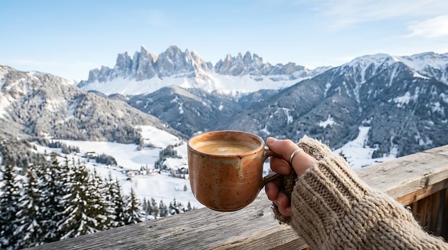 Person holding coffee mug on a wooden deck with snowy mountains
