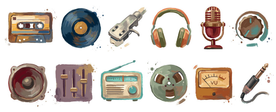 Music and audio icons set. Retro sound and recording concept. Includes audio cassette, vinyl record, turntable needle, headphones, microphone, volume knob, speaker, equalizer, radio, reel,