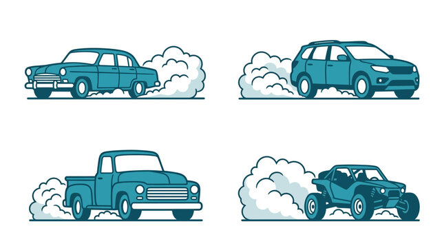 A set of various vehicles driving and kicking up dust clouds