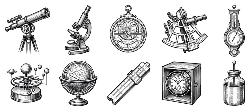Science and navigation tools icons set. Vintage scientific instruments concept. Includes telescope, microscope, astrolabe, sextant, barometer, orrery, globe, slide rule, clock, Leyden jar