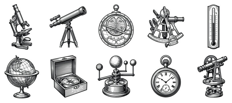 Scientific instruments icons set. Exploration and discovery concept. Includes microscope, telescope, astrolabe, sextant, thermometer, globe, compass, orrery, pocket watch. Engraved style