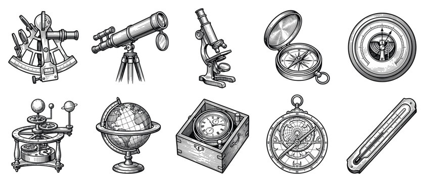 Navigation and science tools icons set. Vintage scientific instruments concept. Includes sextant, telescope, microscope, compass, barometer, orrery, globe, chronometer, astrolabe,