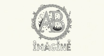 Obraz premium Hand-drawn illustration featuring intricate typography of the letters A and B surrounded by a decorative wreath and the word IMAGINE