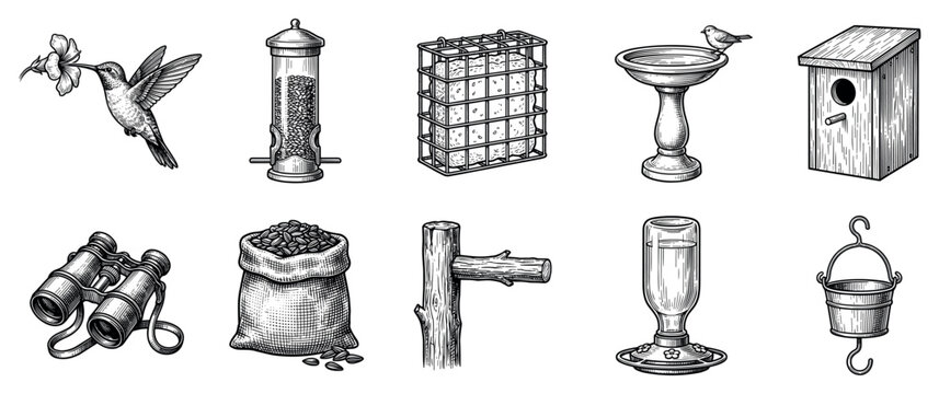 Bird watching icons set. Backyard bird feeding and observation concept. Includes hummingbird, seed feeder, suet cage, bird bath, birdhouse, binoculars, birdseed, perch, nectar feeder,
