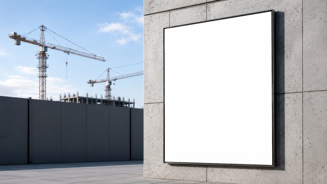 blank vertical billboard on stone wall beside tower cranes and unfinished concrete building, construction advertising and commercial real estate concept
