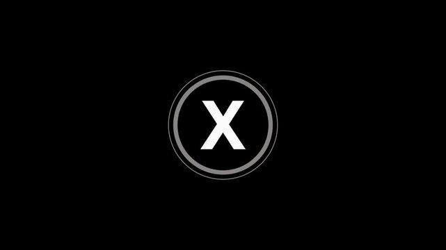 White letter X inside a gray circle on black. Simple white letter X for close button actions and interface menus. Modern white letter X animation.