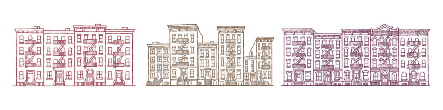 Old apartment building with fire escape stairs, urban residential architecture, vintage tenement set, cityscape line art drawing handdrawn doodle