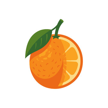 A fresh orange fruit with a green leaf on white background