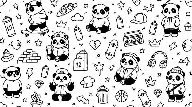 Playful panda characters in various fun activities and poses.