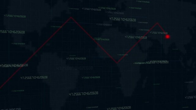 Red line graph showing a sharp decline over map. Financial red line graph for global economic market crashes. Analytical red line graph on dark backdrop.