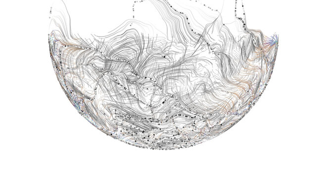 Intricate abstract pattern of flowing lines and scattered dots creating a sense of motion and data v