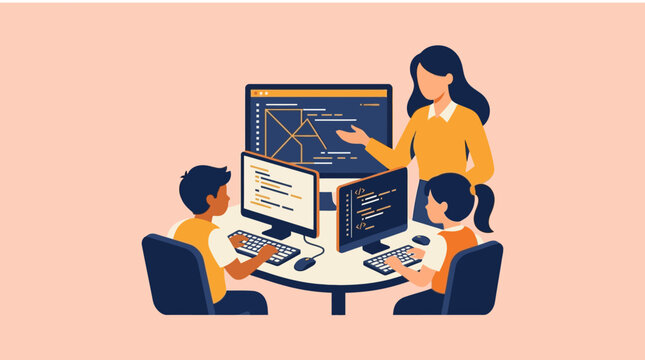 Children learn computer coding with a female teacher