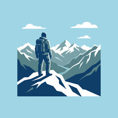 A lone hiker stands atop a snowy mountain peak © ati