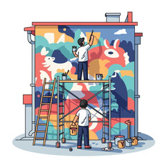 Artists painting a colorful mural on building exterior with scaffolding © elga