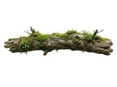 Old fallen tree branch covered with green moss