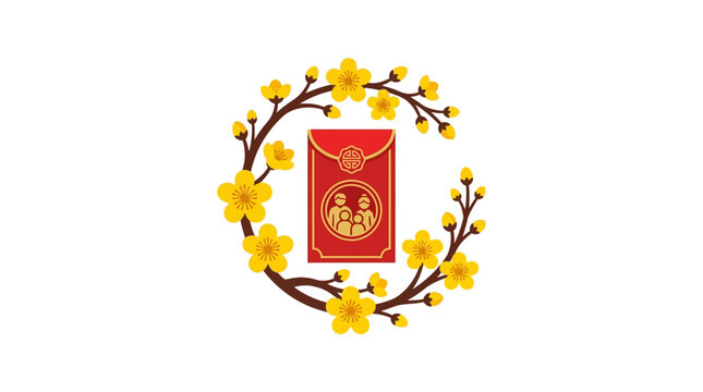 Minimalist flat design single icon of a graceful arching apricot blossom branch symbolizing Vietnamese Lunar New Year Tet celebration with delicate petals and buds in soft golden yellow on a