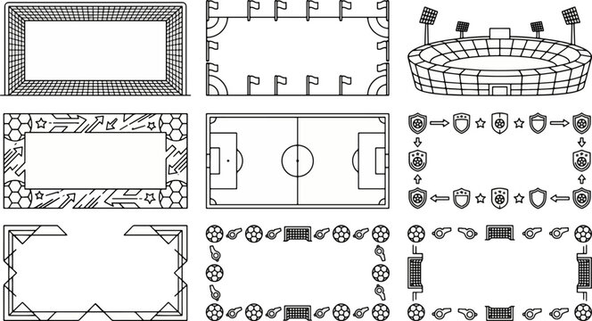 soccer border frames stadium field and sports outline collection