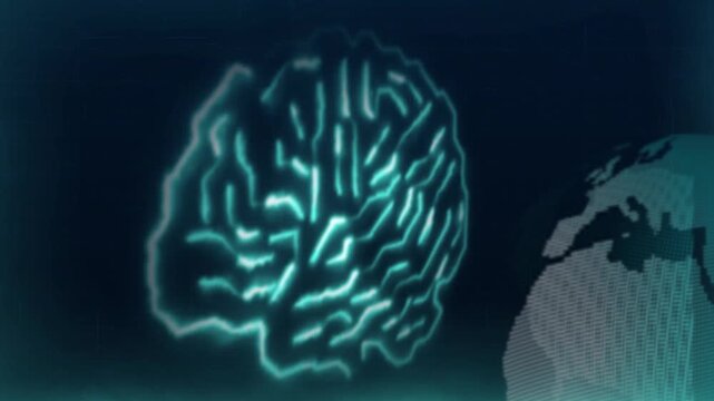 Glowing cyan human brain and dotted globe on dark. Advanced glowing cyan human brain for cognitive computing systems. Tech glowing cyan human brain visualization.