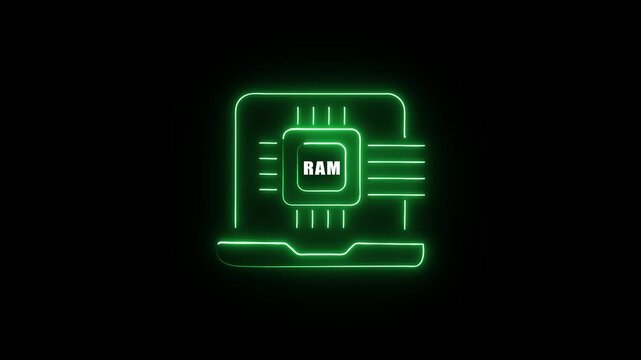Neon ram memory chip animation: digital computer hardware and technology concept
