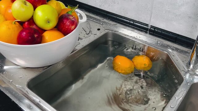 Dropping orange into water, 16:9 widescreen footage, washing fresh fruits, kitchen sink activity, healthy food preparation, refreshing splash, culinary routine, organic produce.