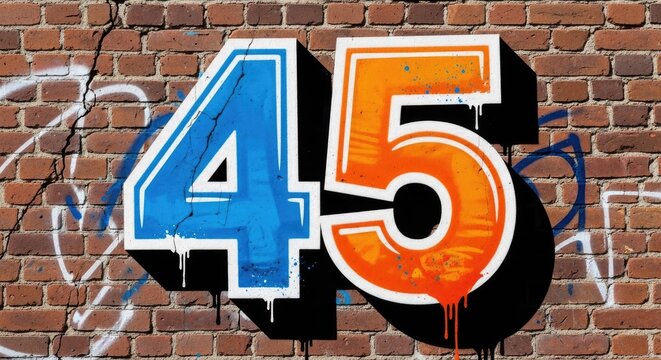 Stylized graffiti number forty-five painted on a brick wall background